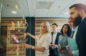 Leadership team discussing organisation development process using the min mapping technique